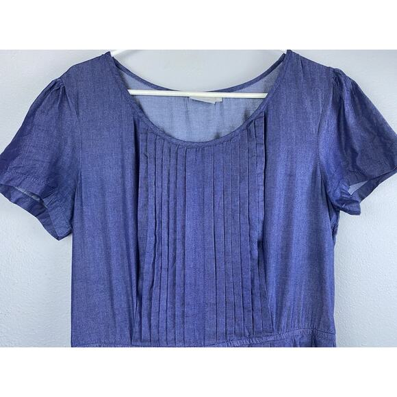 EShakti Sz M (10) Chambray Pintuck Puff SS Fit’N’Flare Black Trim Full Skirt Drs - Picture 2 of 14